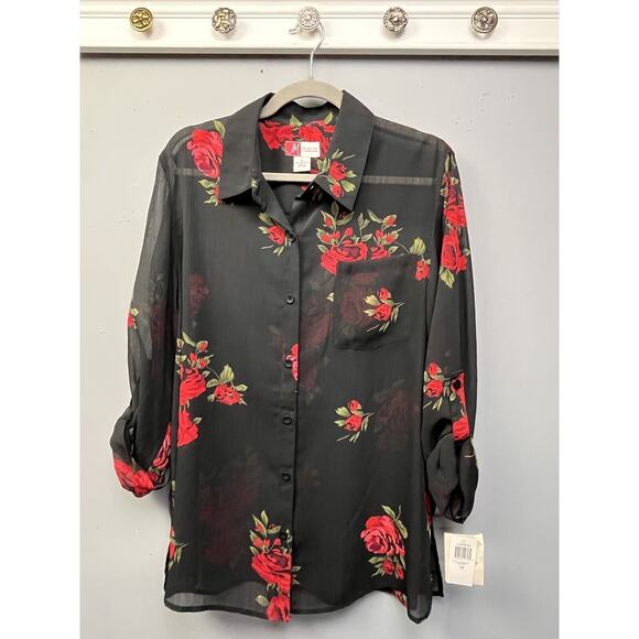 JM Collection Women's Shirt Size 14 Button Front Sheer Floral‎ Black Red NEW - Picture 1 of 6